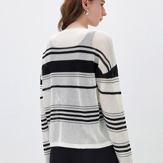 COMOBOCA Women's Asymmetric Stripe Mesh Knit Round Neck Sweater