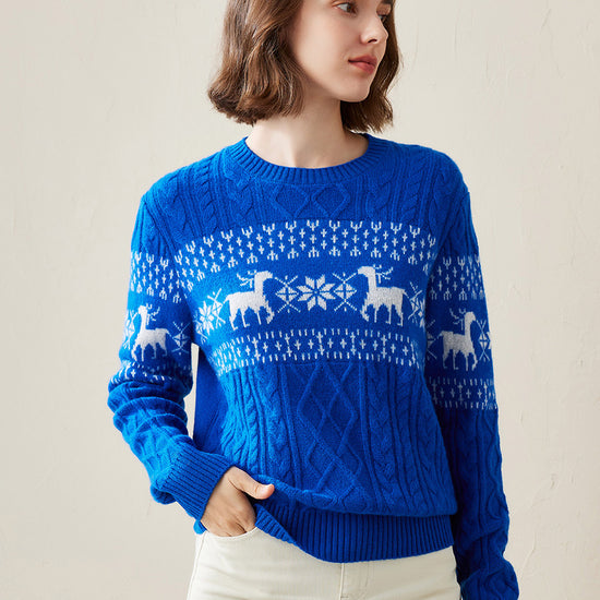 COMOBOCA Blue 100% Cashmere Women's Cozy Reindeer Fair Isle Knit Sweater