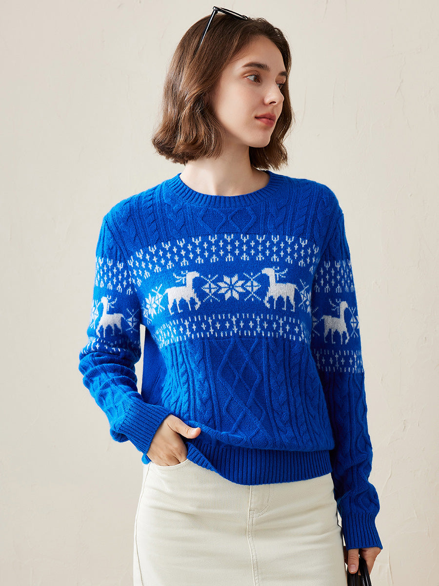 COMOBOCA Blue 100% Cashmere Women's Cozy Reindeer Fair Isle Knit Sweater