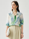 COMOBOCA Moonlight Green 100% Mulberry Silk Women's Watercolor Print Shirt