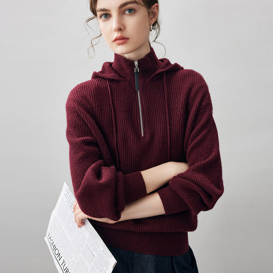 COMOBOCA 100% Cashmere Women's Ribbed Knit Hoodie