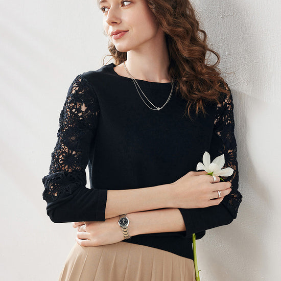 COMOBOCA Women's Lace Sleeve Round Neck Sweater