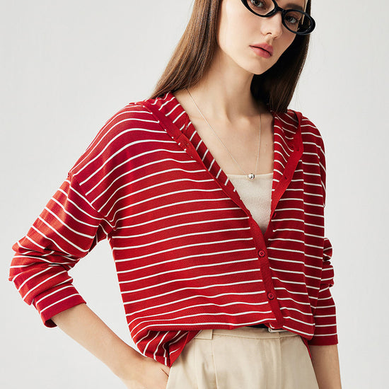 COMOBOCA Women's Striped Button Hooded Cardigan