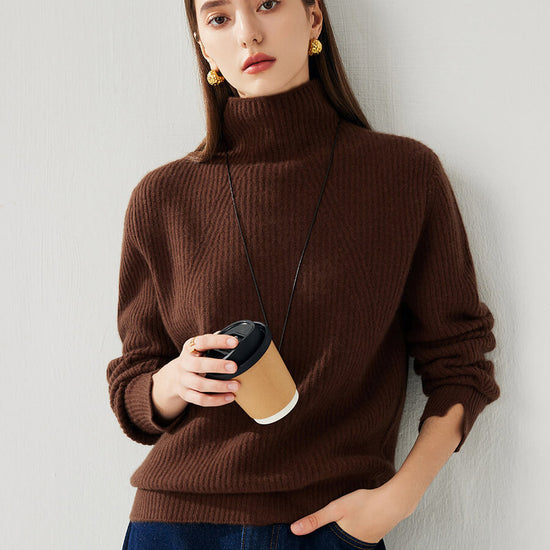 COMOBOCA 100% Cashmere Women's Turtleneck Ribbed Sweater