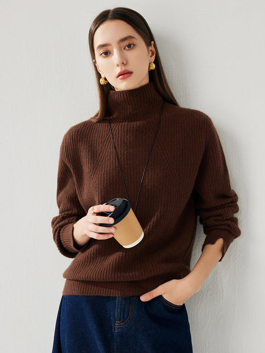 COMOBOCA 100% Cashmere Women's Turtleneck Ribbed Sweater