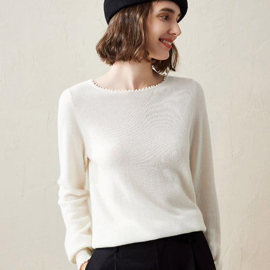 COMOBOCA White 100% Cashmere Women's Pearl-Trimmed Knit Sweater