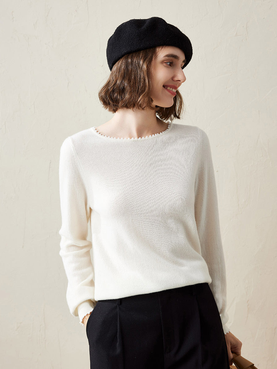 COMOBOCA White 100% Cashmere Women's Pearl-Trimmed Knit Sweater