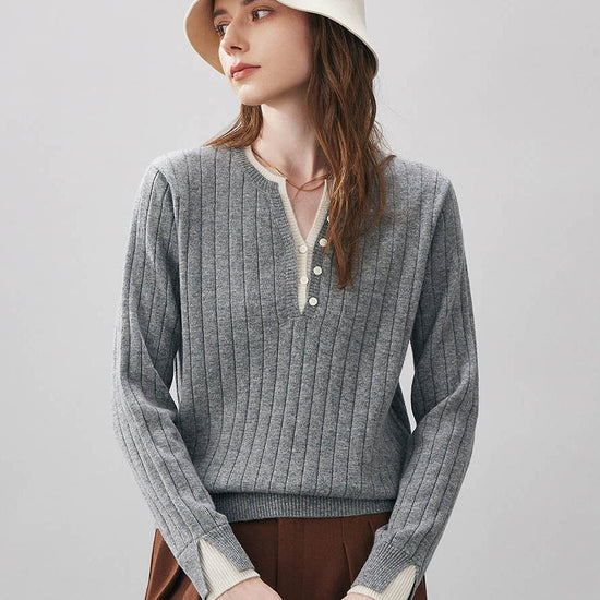 COMOBOCA Gray 100% Wool Women's Ribbed Contrast Trim Sweater