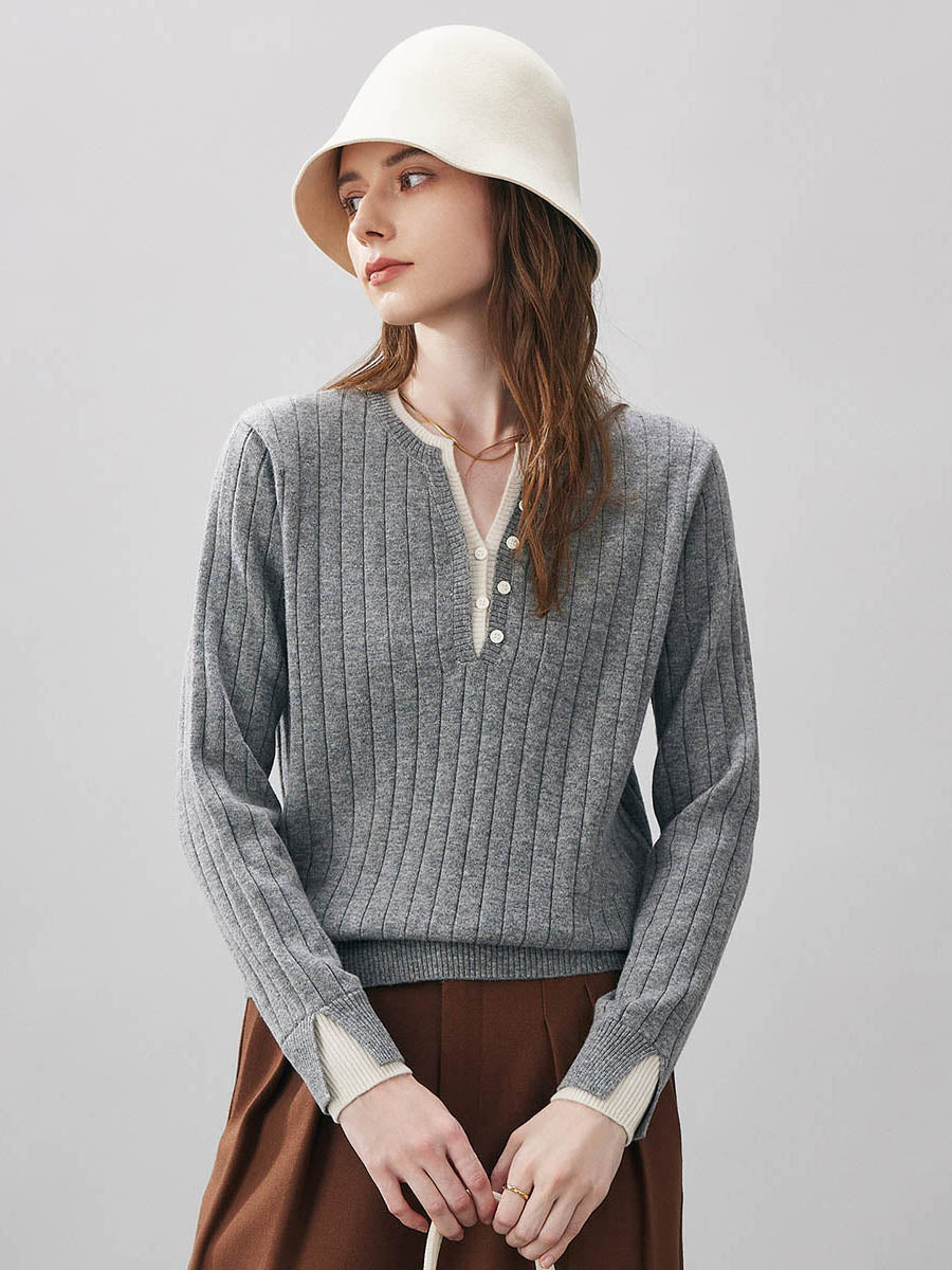 COMOBOCA Gray 100% Wool Women's Ribbed Contrast Trim Sweater