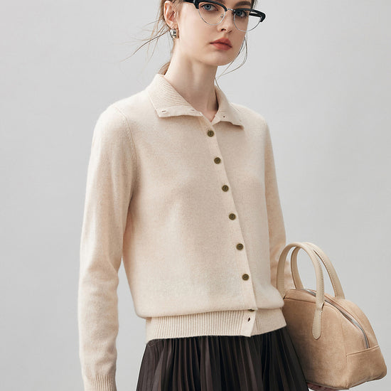 COMOBOCA Beige 100% Cashmere Women's Turtleneck Button Front Knit Cardigan
