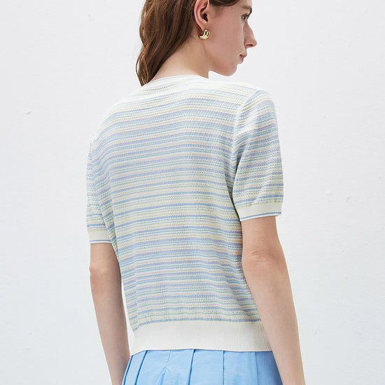 COMOBOCA Women's Pastel Marled Stripe Openwork Knit T-Shirt