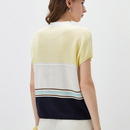 COMOBOCA Women's Color Block Striped Polo Knit T-Shirt