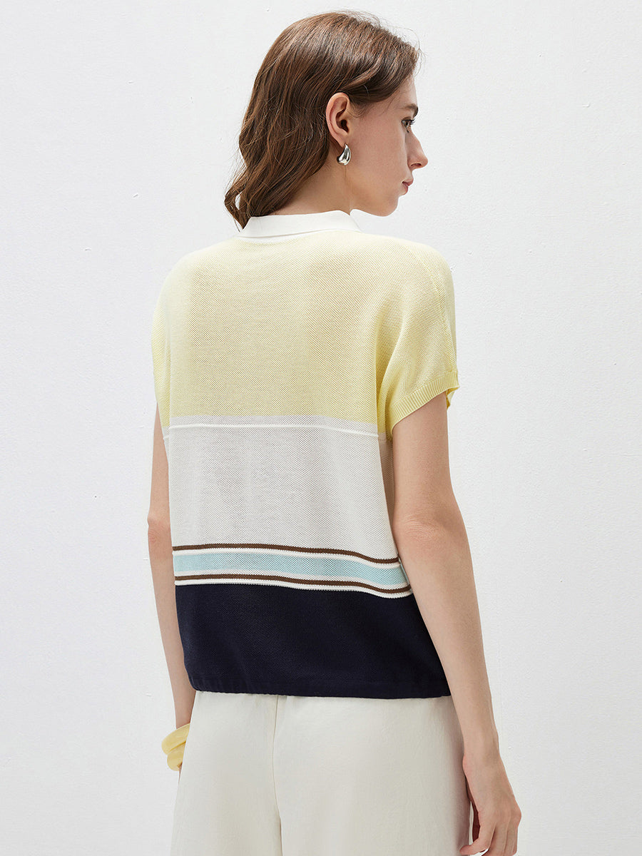 COMOBOCA Women's Color Block Striped Polo Knit T-Shirt