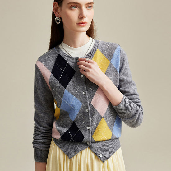 COMOBOCA Gray 100% Cashmere Women's Argyle Pattern Button-Up Cardigan