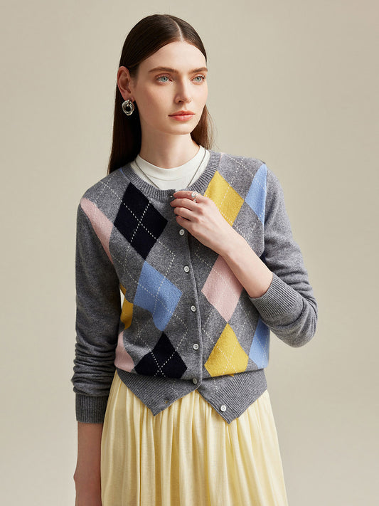 COMOBOCA Gray 100% Cashmere Women's Argyle Pattern Button-Up Cardigan