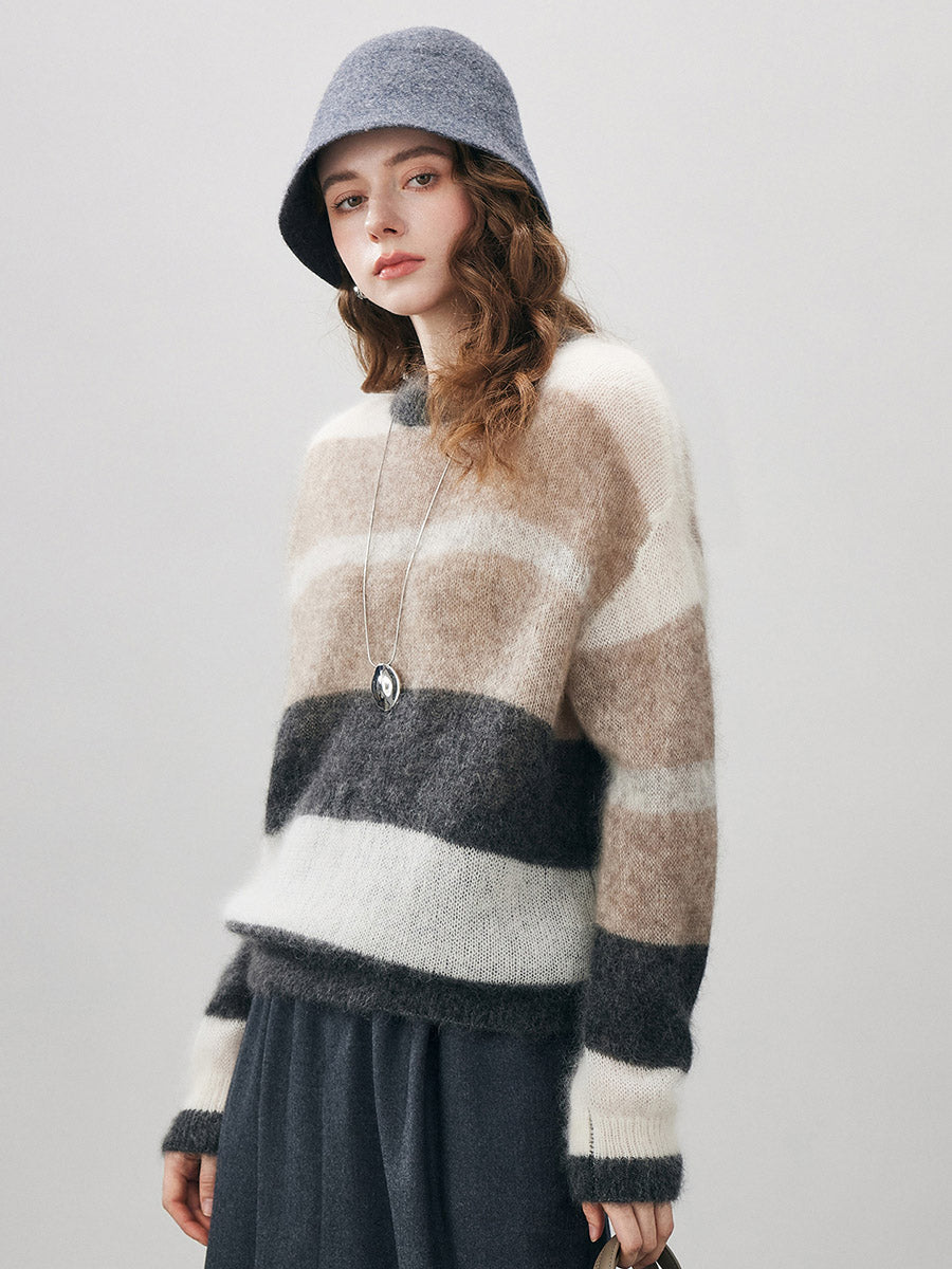 COMOBOCA Women's Mohair Striped Round Neck Sweater
