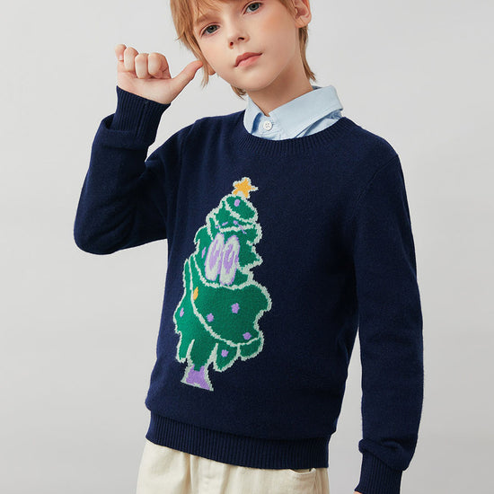 COMOBOCA 100% Wool Kids' Christmas Tree Round Neck Sweater