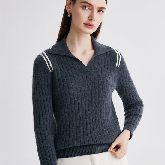 COMOBOCA 100% Cashmere Women's Cable Knit Polo Neck Sweater