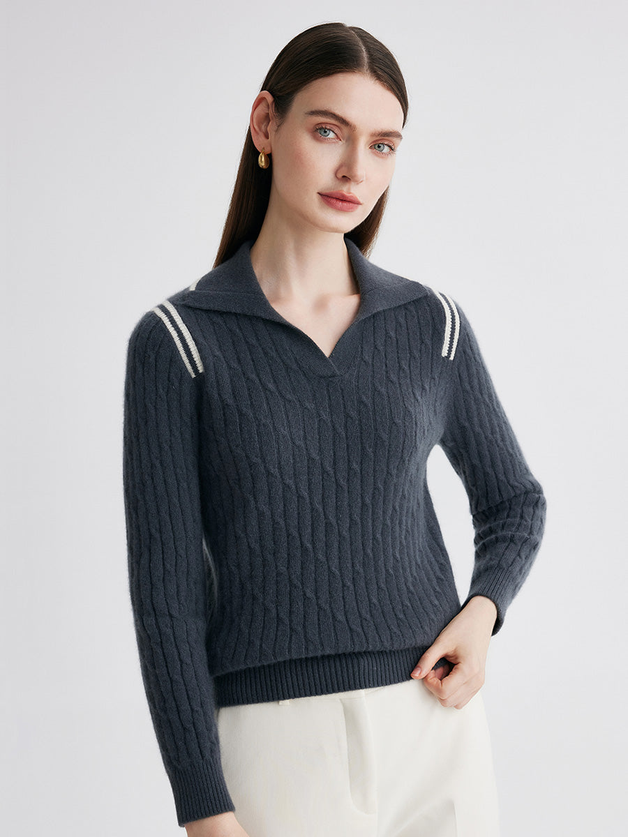 COMOBOCA 100% Cashmere Women's Cable Knit Polo Neck Sweater