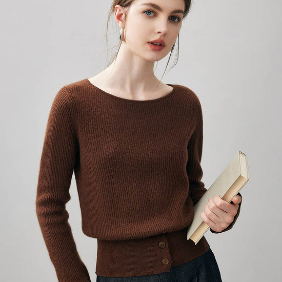 COMOBOCA Coffee 100% Cashmere Women's Round Neck Button Ribbed Knit Sweater