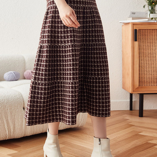COMOBOCA Women's Plaid Wool Knit A Line Skirt