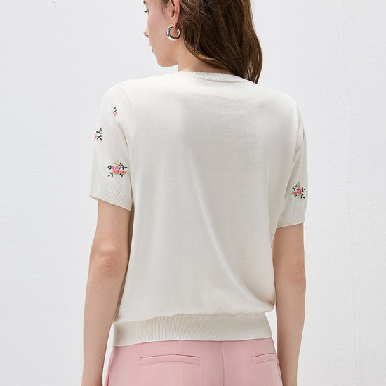 COMOBOCA Women's Floral Embroidery Knit T-Shirt