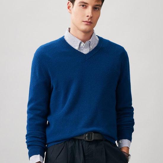 COMOBOCA BLUE 100% Cashmere Men's V-Neck Sweater