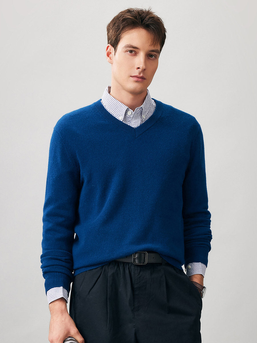 COMOBOCA BLUE 100% Cashmere Men's V-Neck Sweater