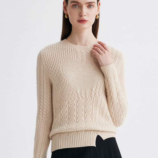 COMOBOCA Beige 100% Cashmere Women's Cable Heart Patterned Knit Sweater