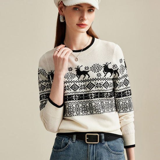 COMOBOCA White 100% Cashmere Women's Nordic Reindeer Knit Sweater