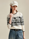 COMOBOCA White 100% Cashmere Women's Nordic Reindeer Knit Sweater