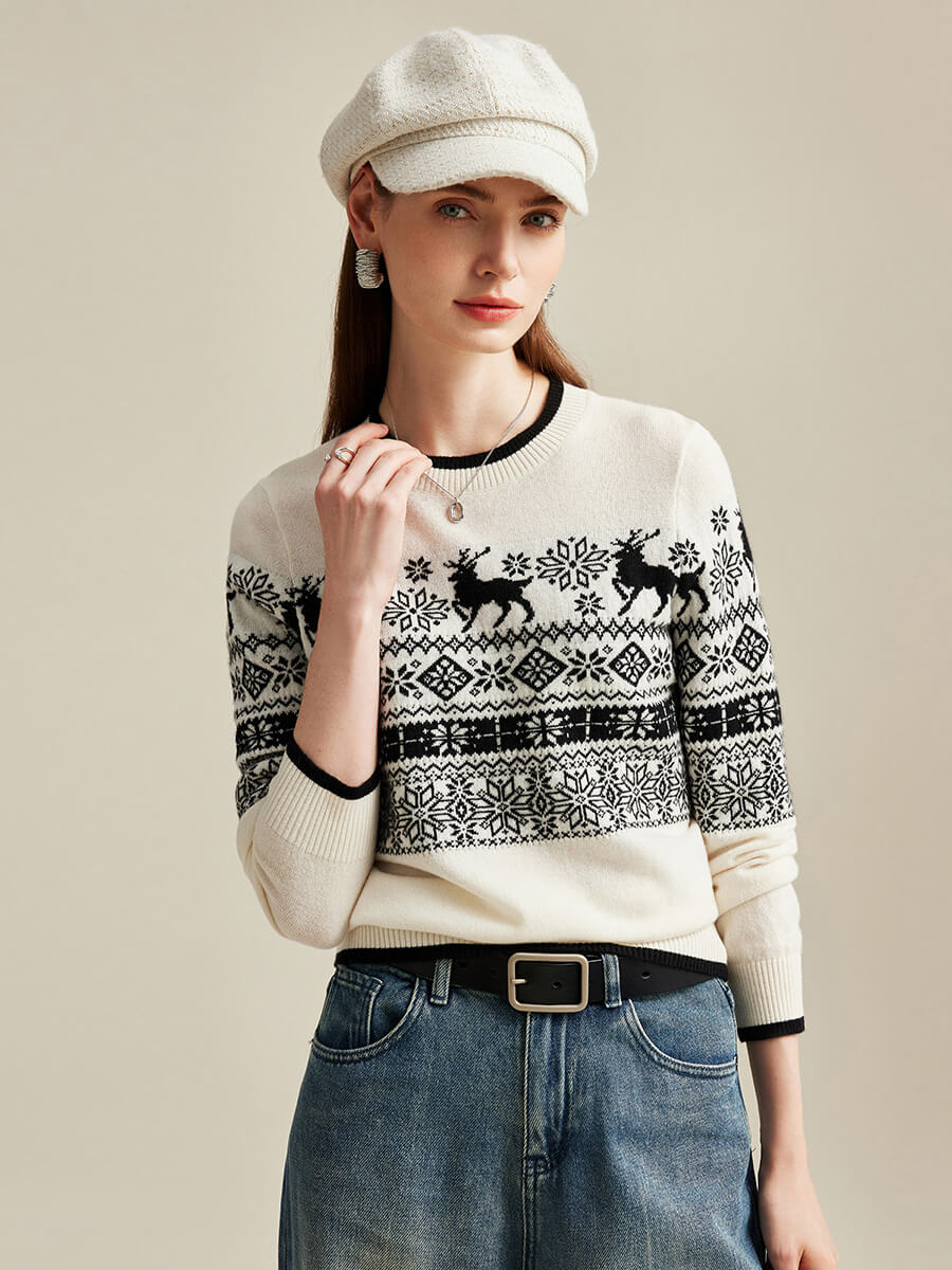 COMOBOCA White 100% Cashmere Women's Nordic Reindeer Knit Sweater