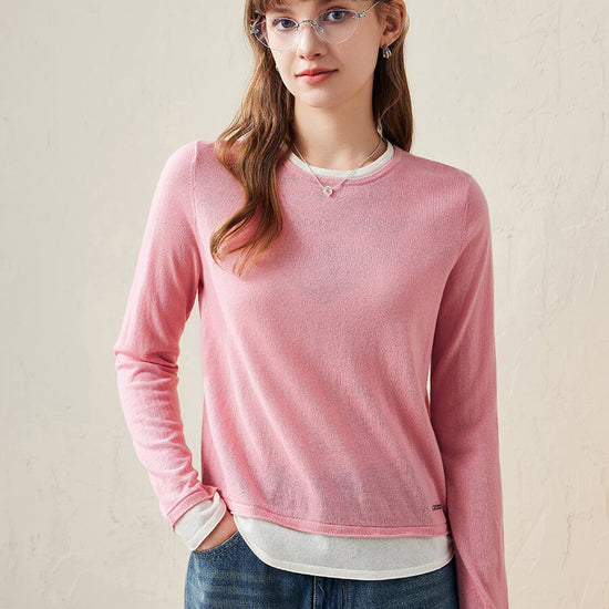 COMOBOCA Pink 100% Wool Chic Layered Look Sweater for Women
