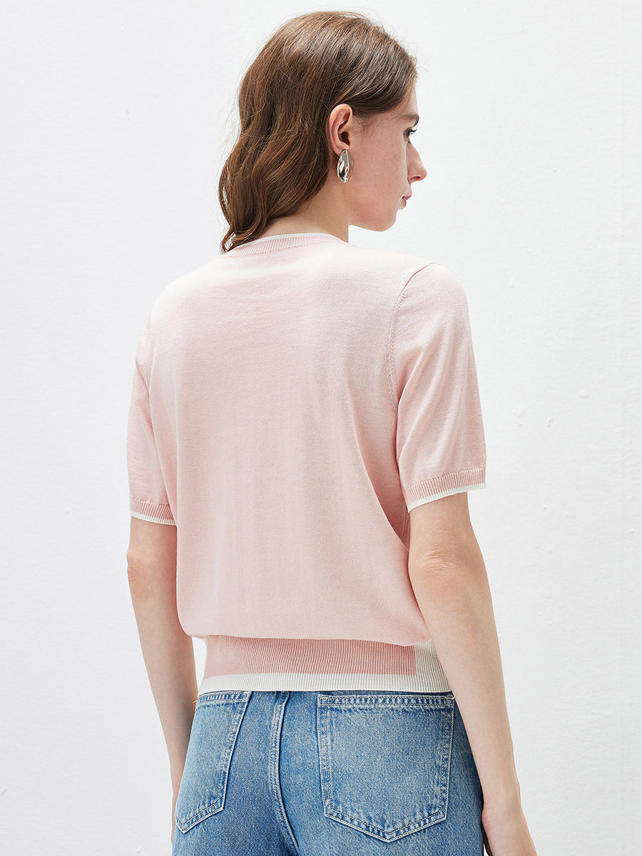 COMOBOCA Women's Panda Motif Contrast Trim Knit T-Shirt