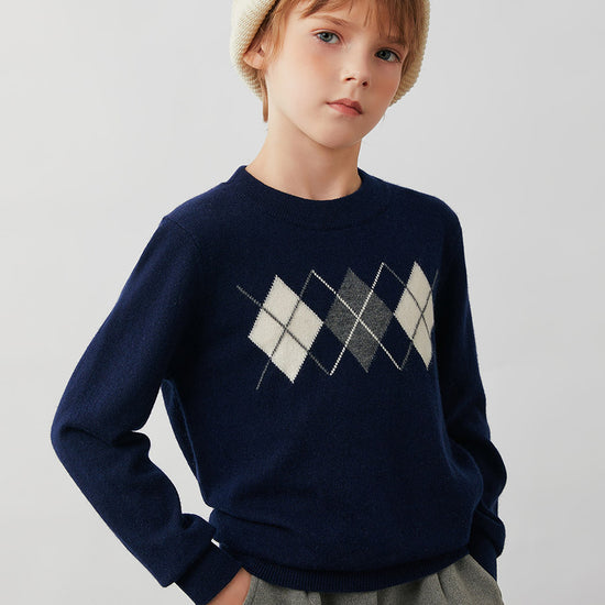 COMOBOCA 100% Wool Kids' Argyle Pattern Round Neck Sweater