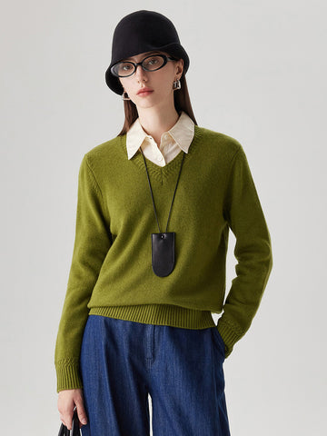 COMOBOCA Green 100% Wool Women's V-Neck Ribbed Knit Sweater