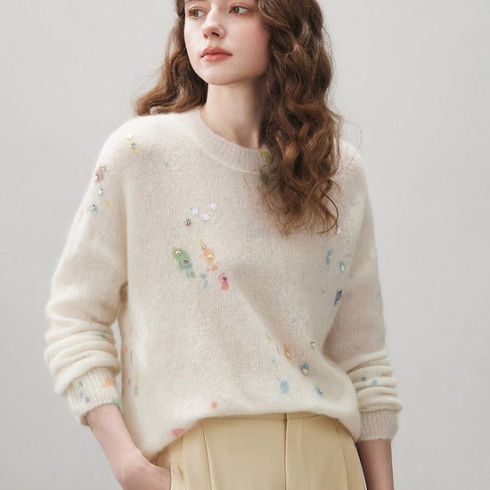 COMOBOCA Women's Sequined Floral Printed Round Neck Sweater