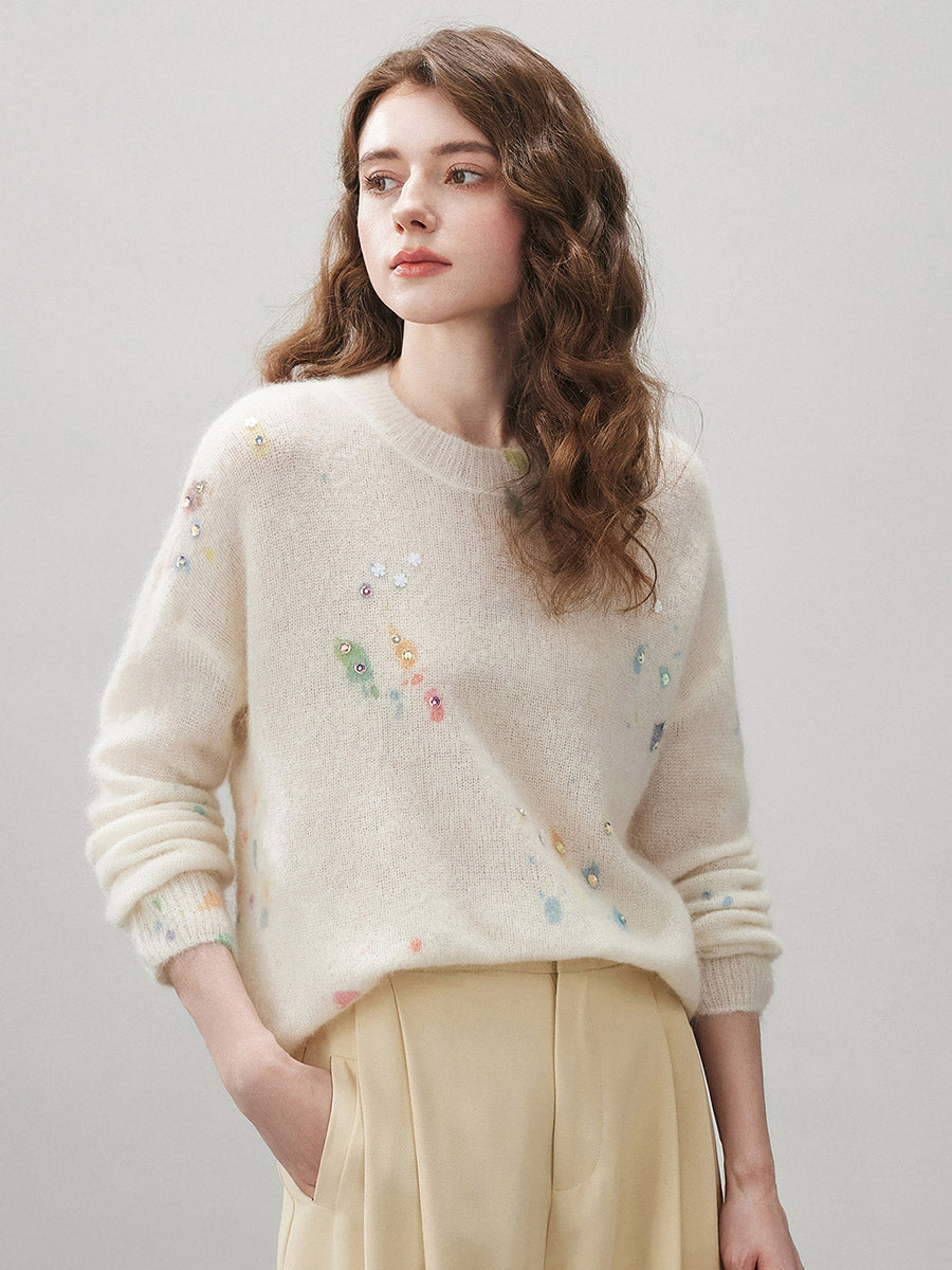 COMOBOCA Women's Sequined Floral Printed Round Neck Sweater