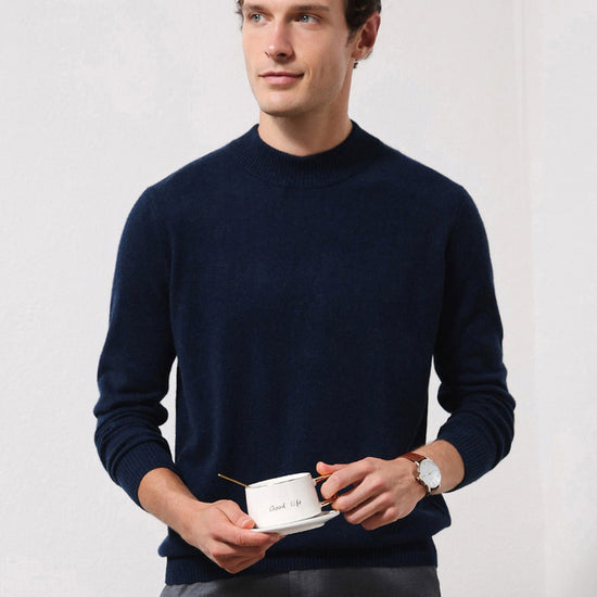 COMOBOCA HEAVY BLUE 100% Cashmere Men's Mock Neck Knit Sweater