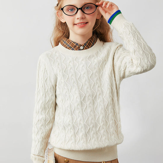 COMOBOCA Cloudy 100% Wool Kids' Cable Knit Round Neck Sweater