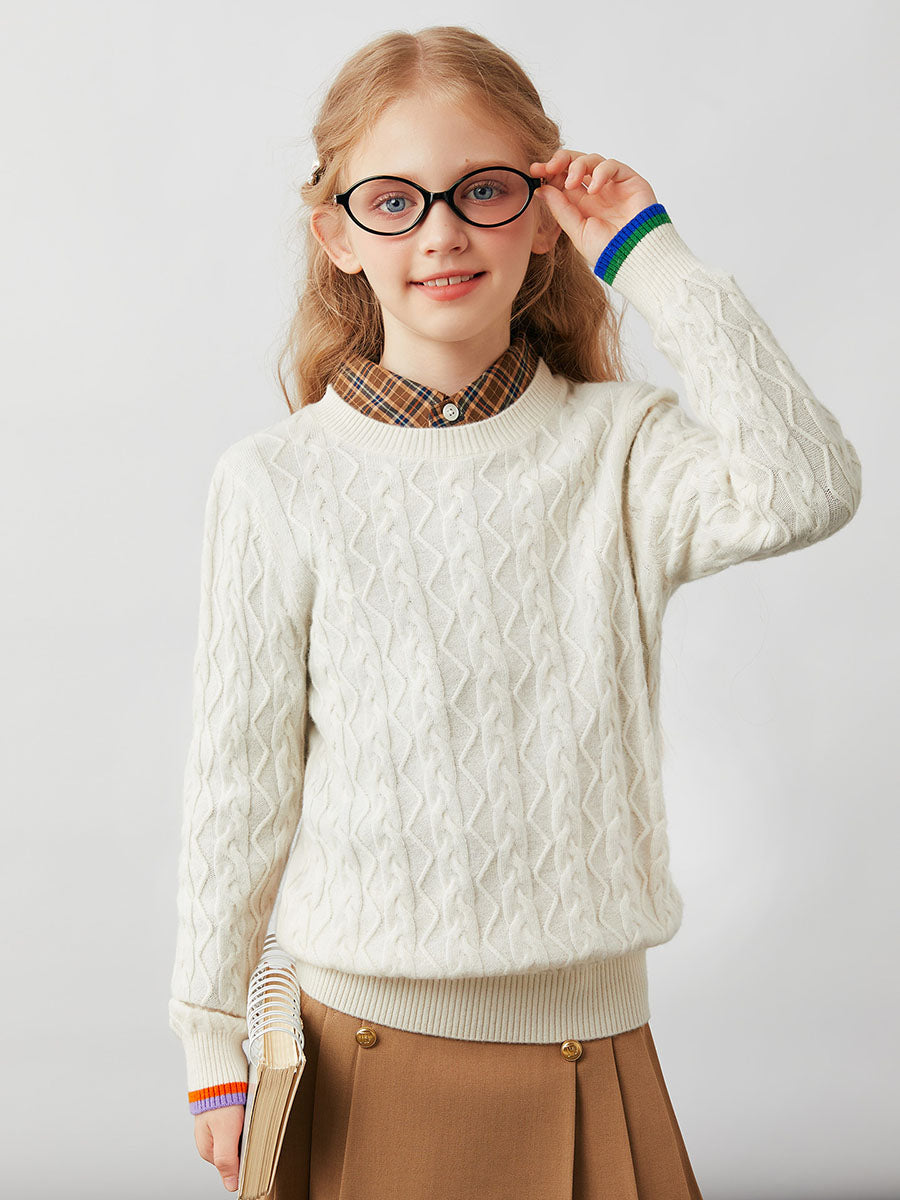 COMOBOCA Cloudy 100% Wool Kids' Cable Knit Round Neck Sweater