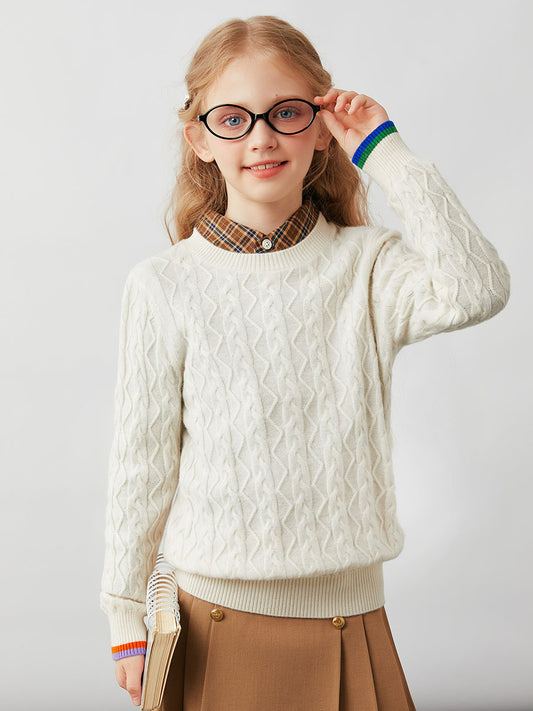 COMOBOCA Cloudy 100% Wool Kids' Cable Knit Round Neck Sweater