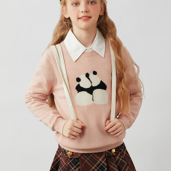 COMOBOCA Light Pink 100% Wool Kids' Panda Pattern Round Neck Sweater