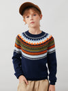 COMOBOCA Navy Blue 100% Wool Kids' Fair Isle Round Neck Sweater