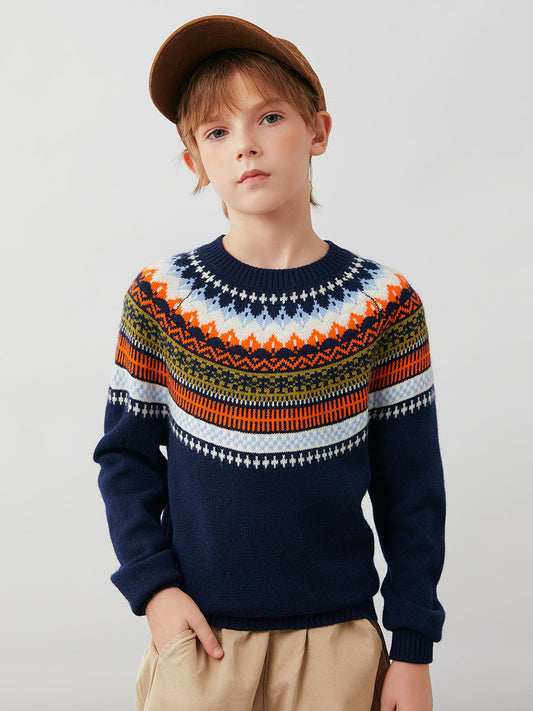 COMOBOCA Navy Blue 100% Wool Kids' Fair Isle Round Neck Sweater