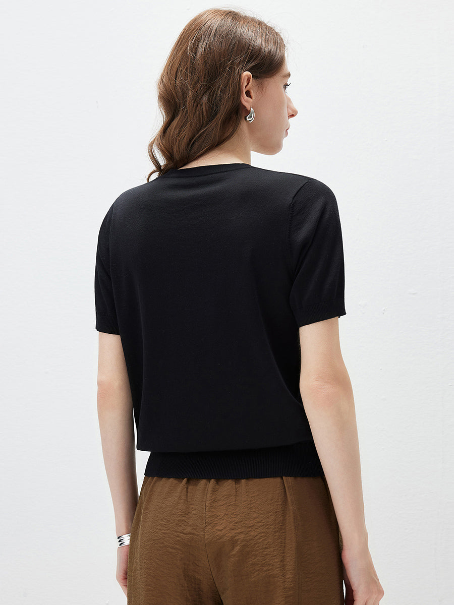 COMOBOCA Women's Rhinestone Trim Knit T-Shirt