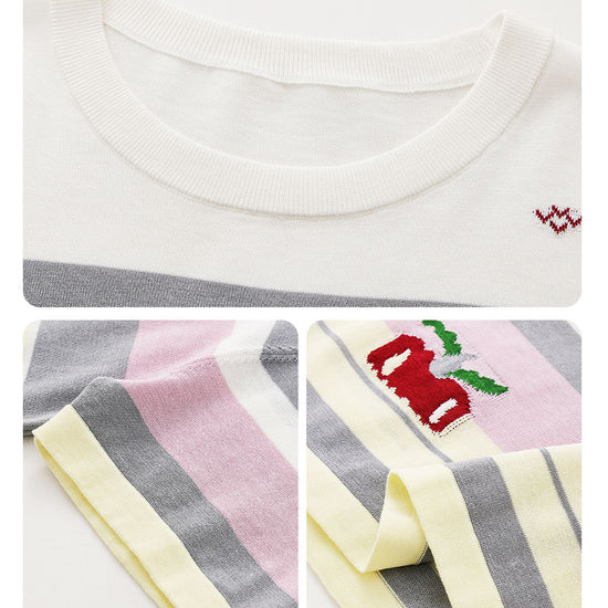 COMOBOCA Women's Farm Scene Striped Knit T-Shirt