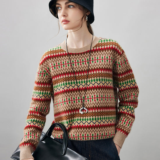COMOBOCA 100% Cashmere Women's Fair Isle Round Neck Sweater