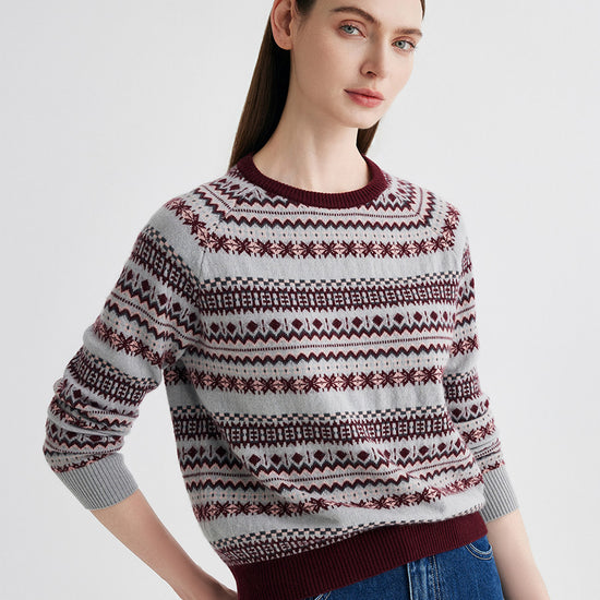 COMOBOCA 100% Cashmere Women's Fair Isle Round Neck Knit Sweater