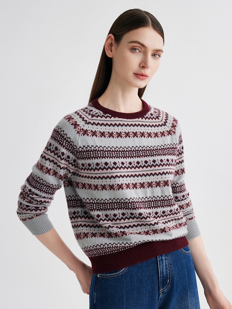 COMOBOCA 100% Cashmere Women's Fair Isle Round Neck Knit Sweater
